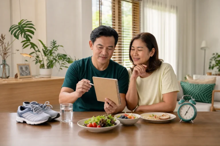 คู่รักวัย 40+ วางแผนกิจวัตรดูแลสุขภาพด้วยอาหารและการเดิน