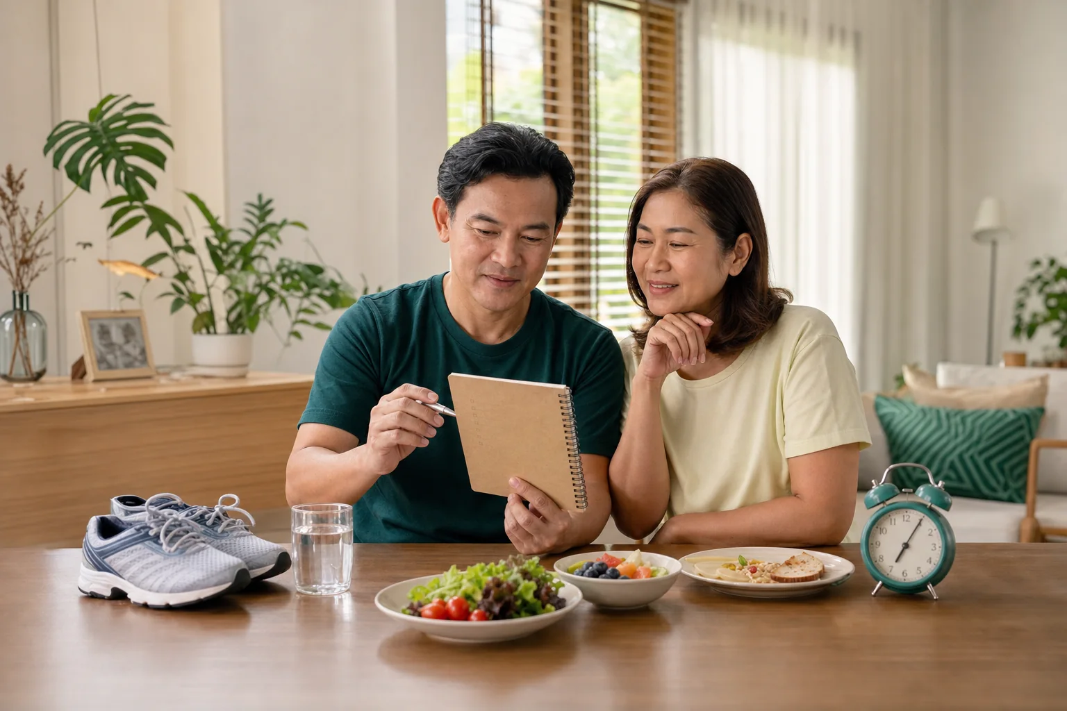 คู่รักวัย 40+ วางแผนกิจวัตรดูแลสุขภาพด้วยอาหารและการเดิน