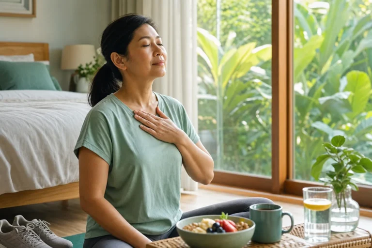 ผู้หญิงวัย 40+ ฝึกหายใจยามเช้าพร้อมกิจวัตรสุขภาพที่สมดุล