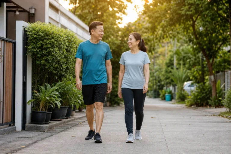 คู่รักวัย 40+ เดินสบาย ๆ หลังอาหารในช่วงเย็น